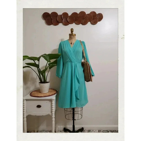 Vintage Bohemian Southwestern Turquoise Layered Wrap Pleaded Midi Petite Dress
